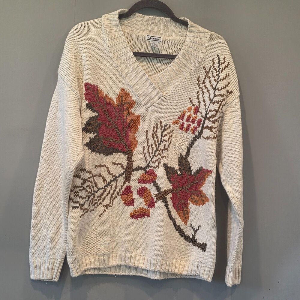 Vintage Marisa Christina Autumn Leaf Knit Sweater Cream Cottagecore MD 80s 90s
